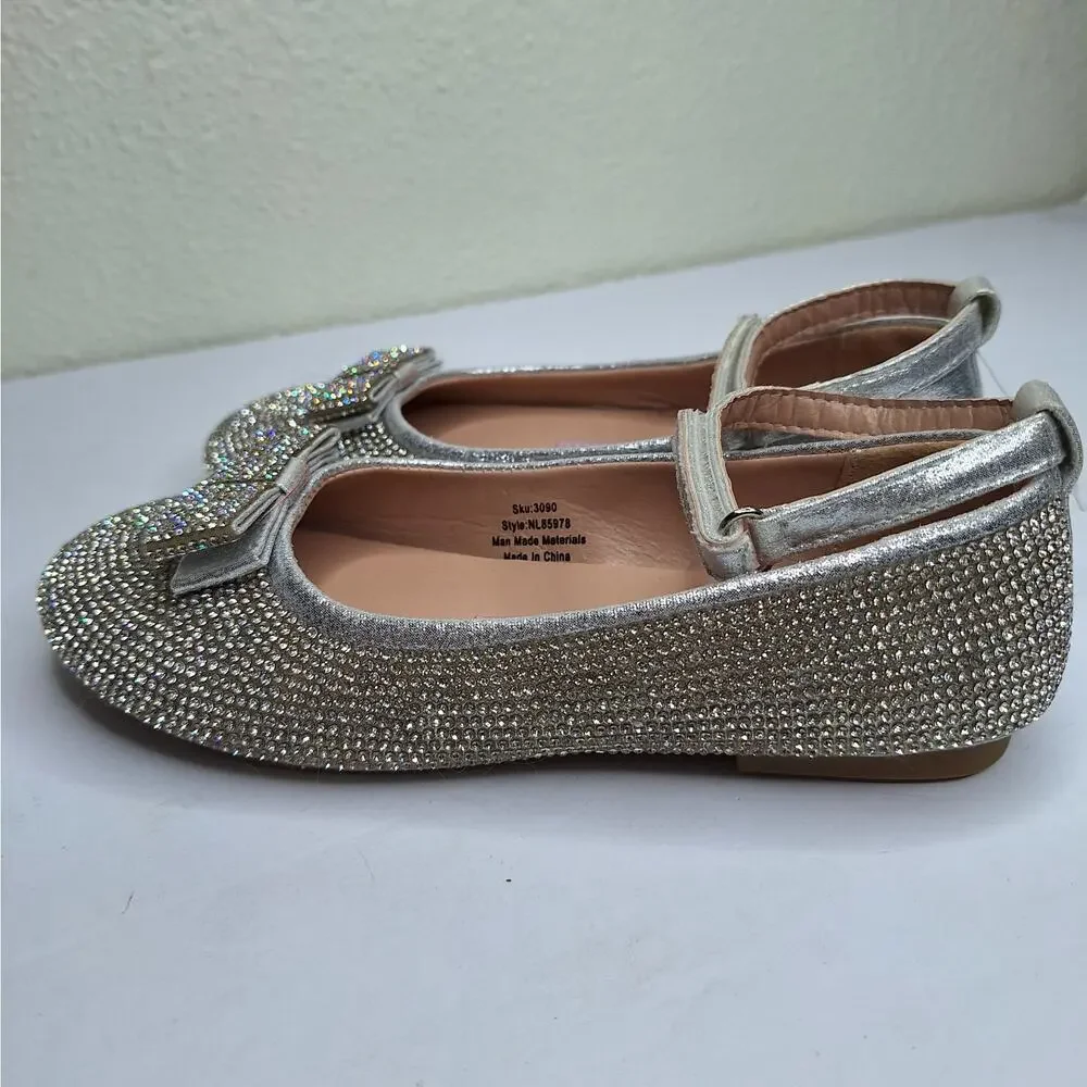 Nanette Lepore Girls Glitter Ballet Flats 2 Party Shoes Bling Rhinestone Bows